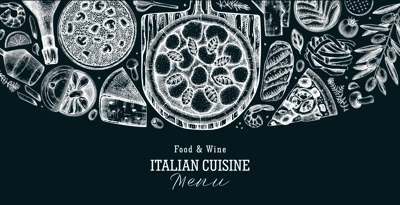Hand drawn pizza, pasta and risotto border on chalkboard. Italian cuisine vector background. Mediterranean food ingredients - cheese, olives, canape, tinned fish. Trendy menu design template
